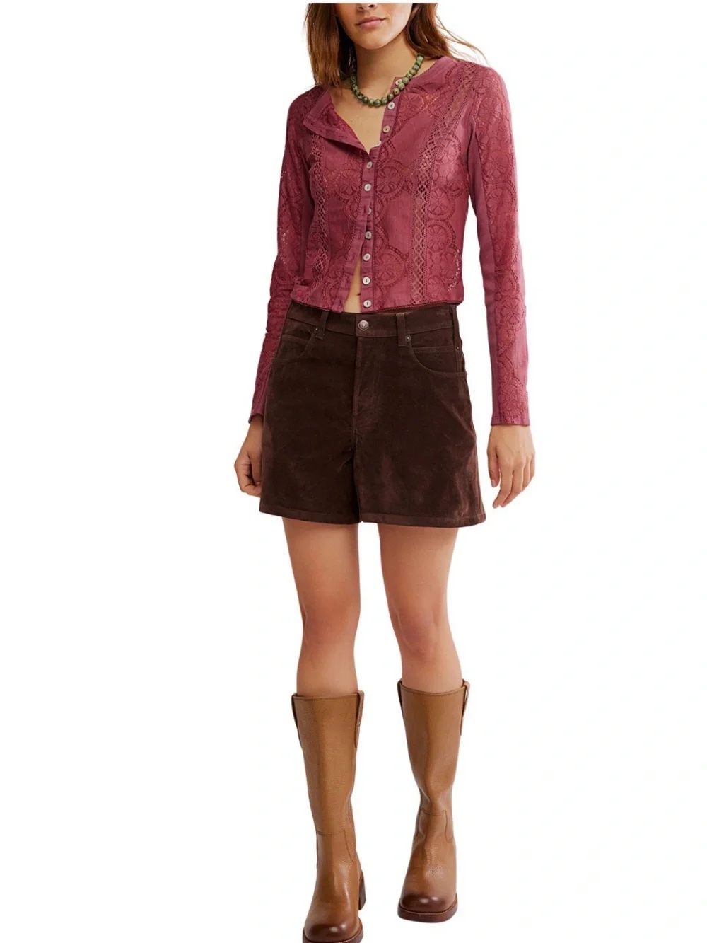 Free People Women's Button-Front Long-Sleeve Lace Top, Size SMALL